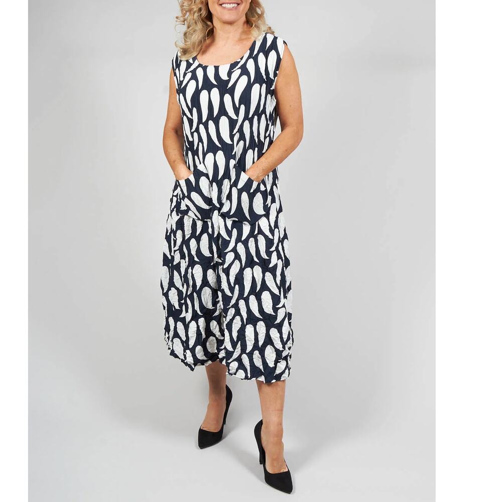 Alquema Smash Crinkle Dress Ink White Droplet Pockets Lagenlook Art to Wear XS